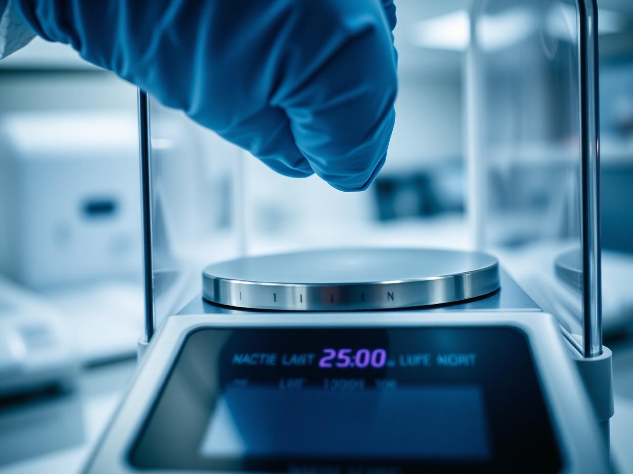 Technician placing a calibration test weight on a precision laboratory balance