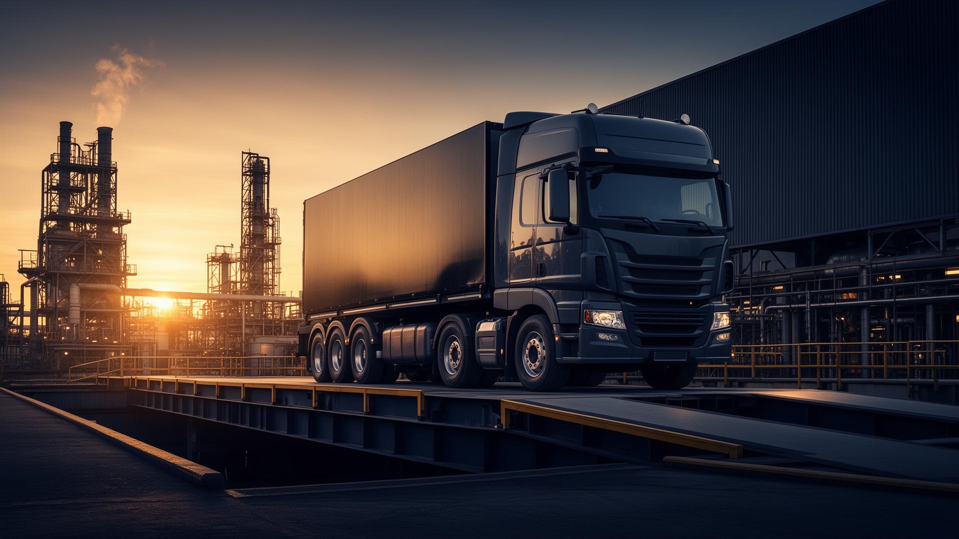 Heavy-duty truck on an industrial weighbridge at golden hour in Mauritius
